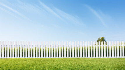 A white picket fence with a blue sky in the background