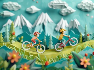 AI Generated Illustration of Cyclists in Mountain Landscape