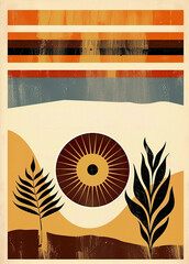 Boho poster with geometric shapes and earthy tones, featuring sun and plant motifs. Ideal for wall decor and modern home design, enhancing any space with a stylish boho touch.
