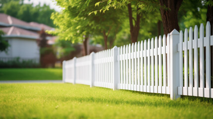 A white picket fence with a green background. The fence is in front of a house