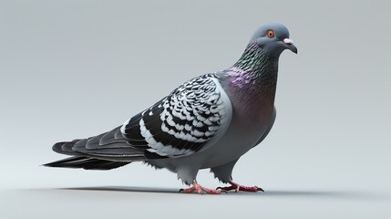 A realistic render of a pigeon, with its head turned to the side. The pigeon has grey and white feathers, with a green and purple neck.