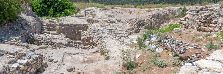 Panoramic view of the newly excavated area at Tel Megiddo National Park which is an archaeological site in northern Israel. Also known as Armageddon.
