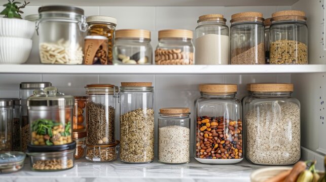 Neatly organized pantry with glass jars and dry goods, perfect for home organization blogs, kitchen design articles, and storage solutions.