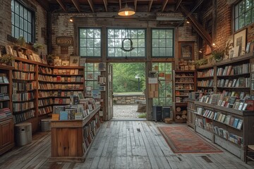 An antique train depot transformed into a charming bookstore, with shelves of books and cozy reading nooks