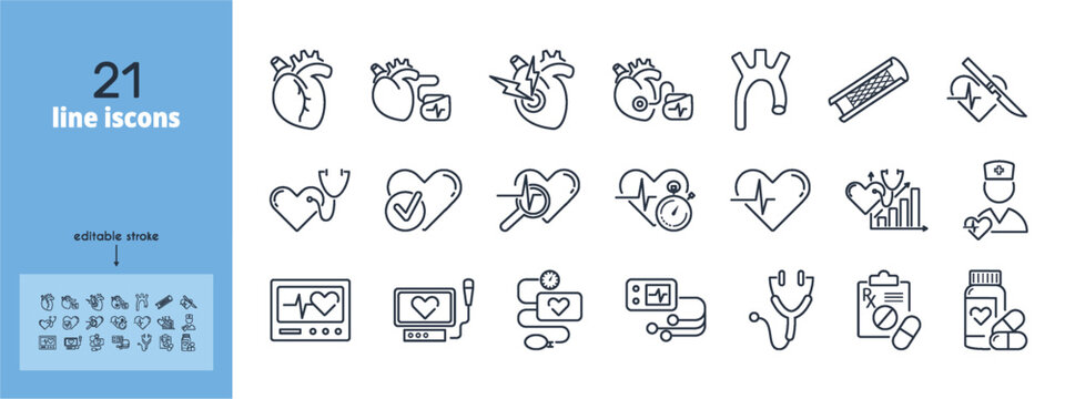 Cardiology line icon set. Heart, ECG, stent, aorta, pacemake, myocardial infarction, sphygmomanometer, holter monitor, rhythm, medications, diagnosis, scalpel, surgery vector illustration. Editable