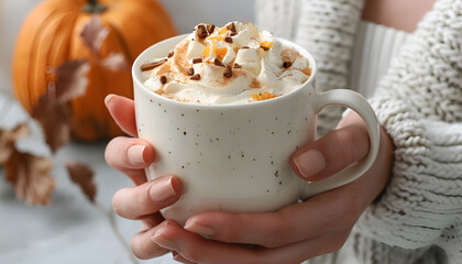 Woman holding cup of pumpkin spice latte with whipped cream at light grey table, closeup