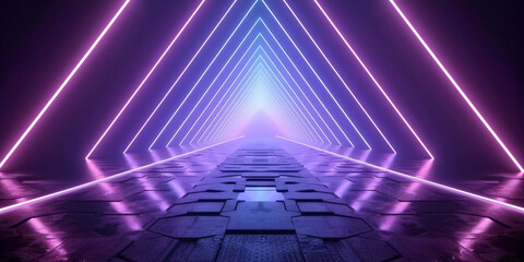 Abstract background with neon light lines and geometric shapes, glowing purple and blue, empty room