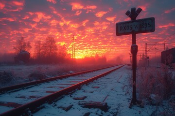 Railroad Crossing Barrier at Dawn Dawn scene with a railroad crossing barrier opening, symbolizing the start of a new day