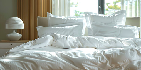 bed in hotel room, A freshly made bed with crisp white linens and plump pillows, inviting rest and relaxation after a long day