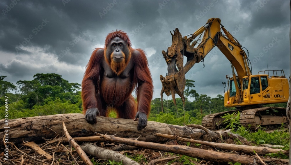 Wall mural orangutans and excavators