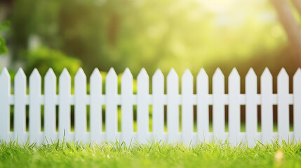 Obraz premium A white picket fence with a green background. The fence is empty and the grass is lush and green