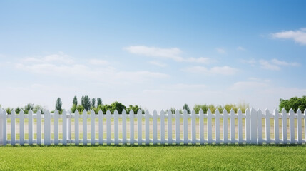 A white picket fence with a blue sky in the background. The fence is surrounded by a lush green field