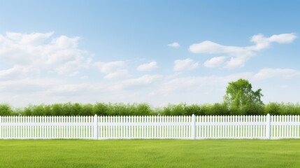 Fototapeta premium A white picket fence with a tree in the background. The fence is surrounded by a lush green field
