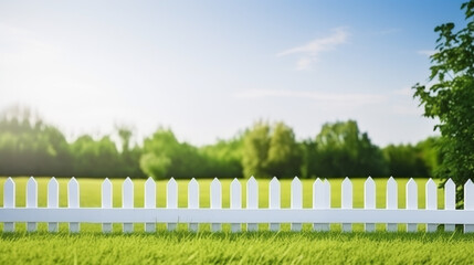 A white picket fence with a blue sky in the background