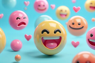 Fototapeta premium A group of smiley faces surrounded by hearts, expressing joy and love in a colorful setting. Generative AI