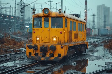 Obraz premium Railroad Track Maintenance Inspection Vehicle A specialized inspection vehicle used for detailed track examination