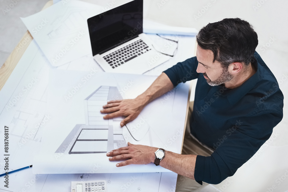 Poster man, architect and drawing design for house renovation or project planning with draft, blueprint or 