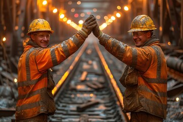Railroad Track Maintenance Team High-Five Members of a maintenance team celebrating a successful task with a high-five, showcasing teamwork