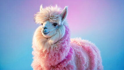 Cute fluffy pink Llama. Simple alpaca head bokeh background