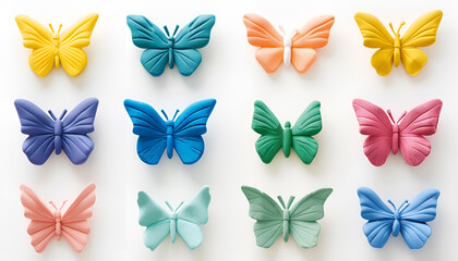 Set with different colorful plasticine butterflies on white background, top view