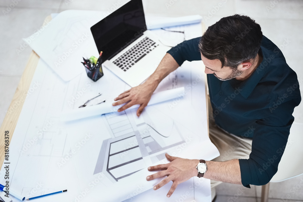 Poster man, architect and drawing blueprint for engineering or creative development, renovation or project 