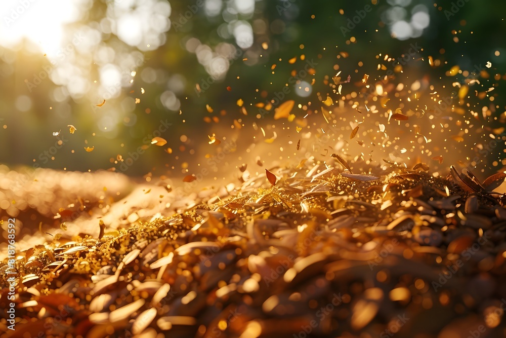 Wall mural Vibrant Golden Autumn Leaves Blanketing the Forest Floor Under Warm Sunlight