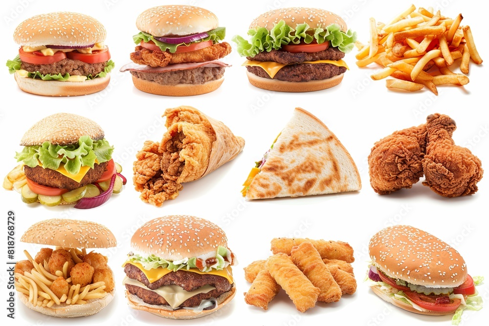 Poster A variety of different types of burgers and fries are displayed together on a table, showcasing a range of flavors and styles. Generative AI