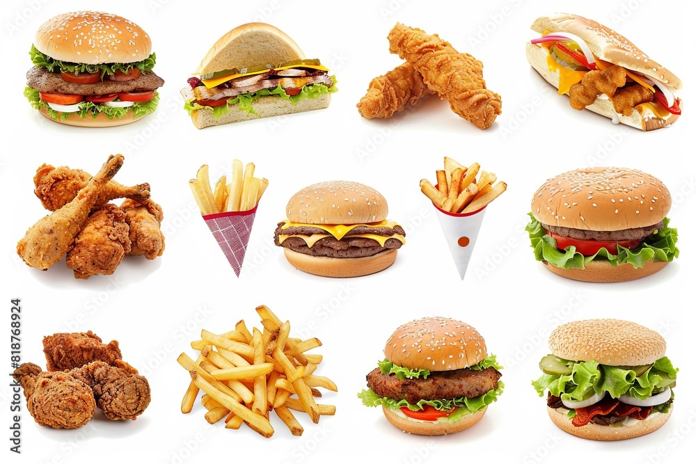 Poster A collection of different types of food neatly arranged on a plain white background. Generative AI