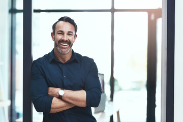 Office, smile and portrait of businessman with arms crossed corporate, job for or confidence in...