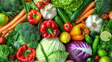 Colorful set of fresh vegetables including carrots, bell peppers, red and green sprouts, broccoli, green onions, zucchini, limes, tomatoes, ambient lighting, top view.