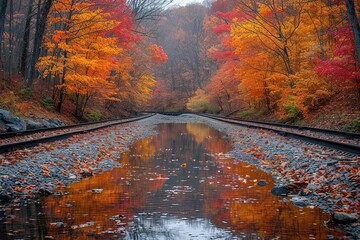 Railroad Trackside Autumn Reflection Reflection of autumn foliage in calm waters near railroad tracks, creating a serene setting