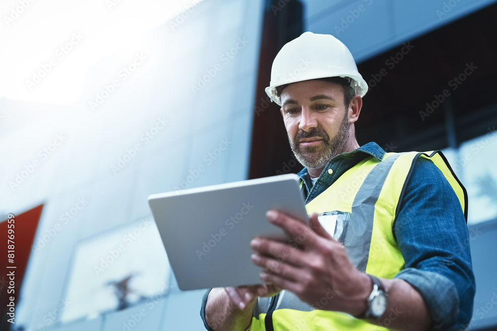 Poster Tablet, engineer and man with helmet on construction site for development or building in city on project. Male person, tech and architecture as manager for progress in industrial, design and safety