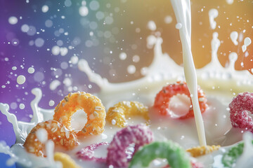 Cereals, fruit loops, milk pouring into a bowl, colorful background , vibrant colors, playful, breakfast enjoyment,  energy boost, childhood nostalgia