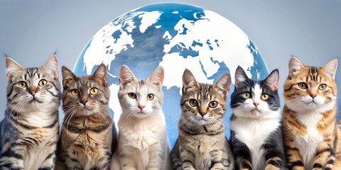 Festive cats near the earth, cat day, pets, international cat day, happy cats, planet and cats,...