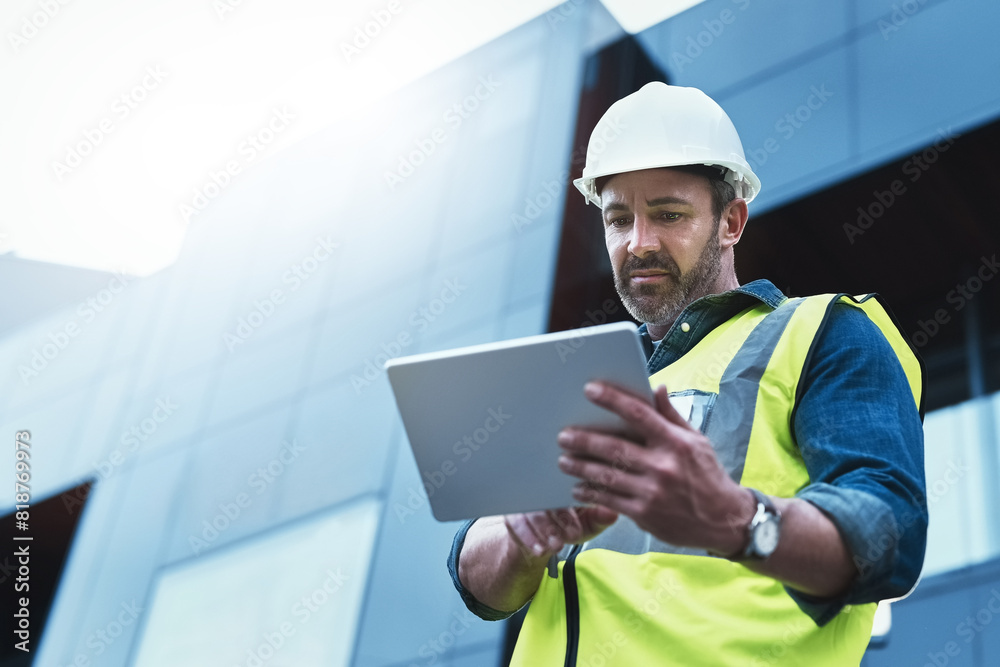 Poster man, architecture and tablet in outdoor as contractor for building floor plan, safety and design for