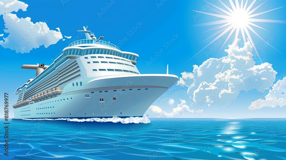 Poster a large cruise ship navigates through the vast expanse of the open ocean, the water stretching out e