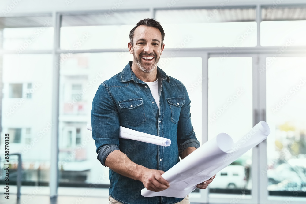 Poster Architect, man and portrait by reading blueprint for design of building floor plan, safety and development of project. Smile, engineer and construction worker with documents for sketch of remodeling
