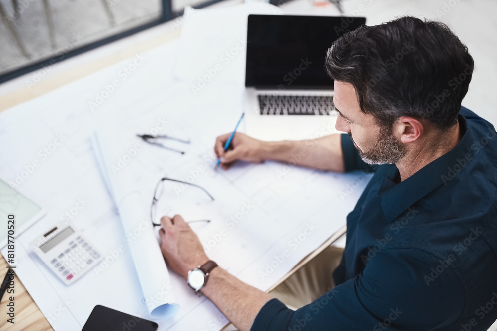 Poster man, architect and drawing blueprint for building development for creative process, renovation or pr