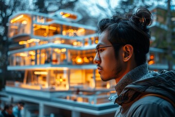 Man standing in front of large building