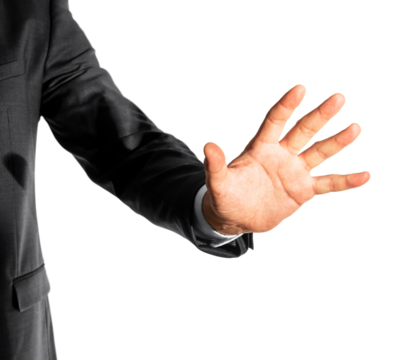 A businessman's outstretched hand in greeting gesture, isolated on a white background, conveying the concept of introduction or agreement
