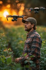 Man in field with flying camera