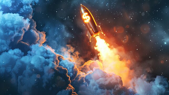 A rocket launching into the sky surrounded by billowing clouds, leaving a trail of smoke behind. Generative AI - Powered by Adobe