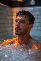 Man sitting in bathtub with bubbles