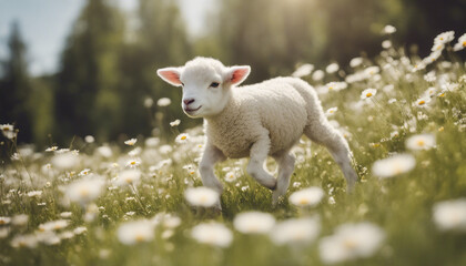 Fototapeta premium A young lamb frolicking in a field of daisies under the spring sun 