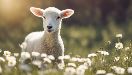 Obraz premium A young lamb frolicking in a field of daisies under the spring sun 