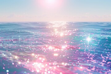 Sparkling Ocean Water with Sunlight Reflection and Pink Sky - Perfect for Dreamy Summer Backgrounds Holographic Ethereal