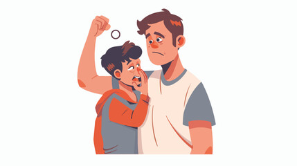 Angry father holding teenage son by ear vector flat illustration
