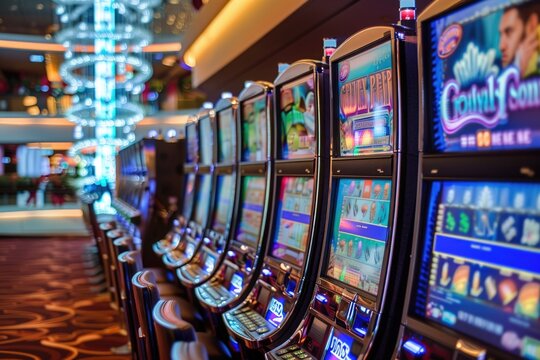Many slot machines in a casino with many different colors