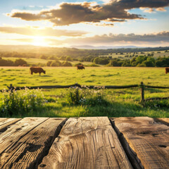 A field with cows grazing and a fence in the background. The sun is setting, creating a warm and peaceful atmosphere