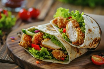 Tortilla wrap with chicken and fresh vegetables on wooden table
